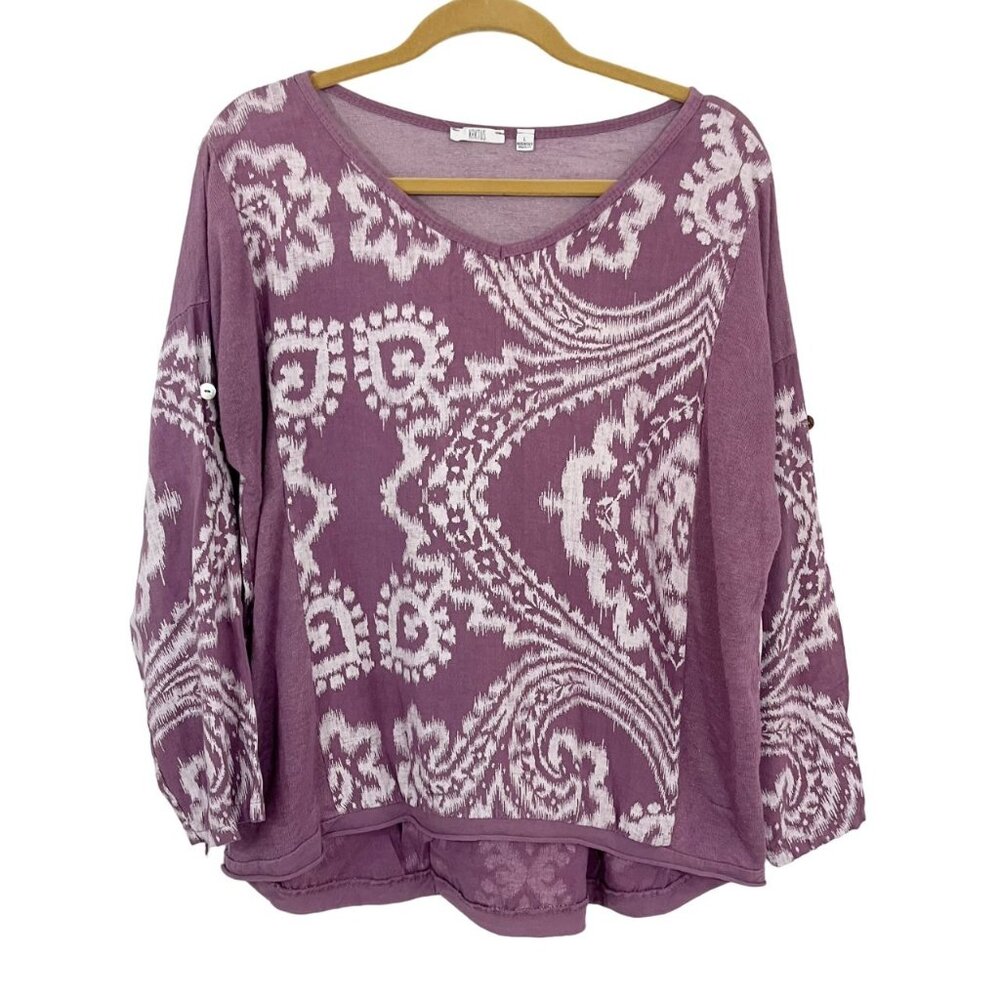 Kaktus Purple & White Damask Print Long Sleeve Top Linen Lagenlook Artsy LARGE